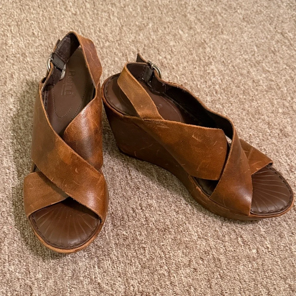 Born Brown Leather Crisscross Wedge Sandals